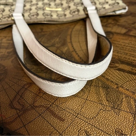 Michael Kors Tan Jacquard Jet Set Large Zip Tote White Leather Strap Side Pocket - Picture 13 of 14